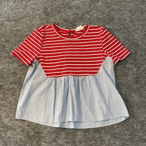 Anthropologie Red and Blue Striped Mixed Media Americana Shirt Size L